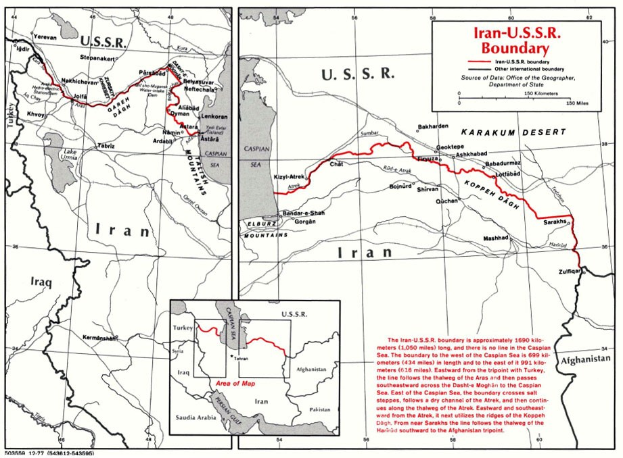 Detailierte Plakatkarte der iranisch-sowjetischen Grenze, die geographische Merkmale, Landesgrenzen und zusätzliche Textinformationen zeigt.