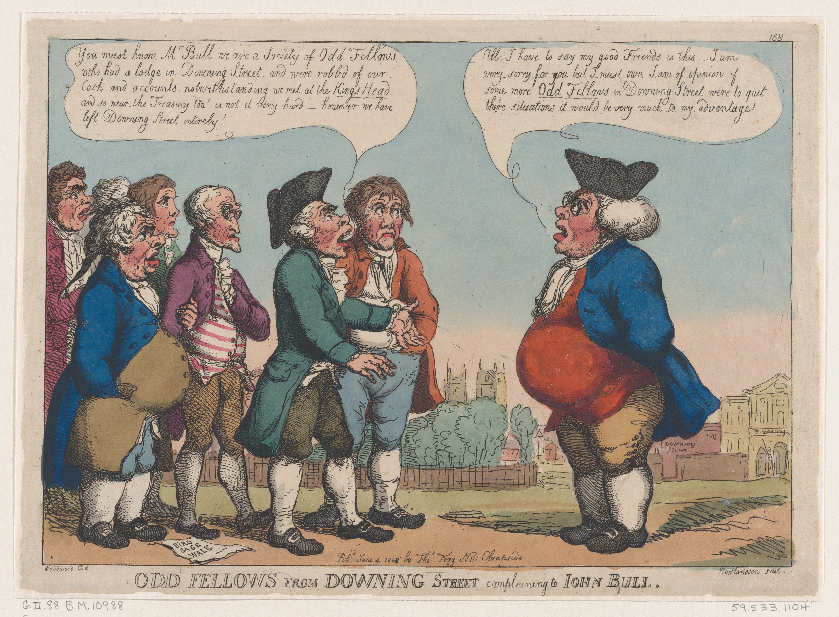 Cartoon-Illustration einer Gruppe von Menschen, die vor einem Gebäude mit Bäumen und Himmel stehen, mit dem Text "odd fellows from downing street complaining to John Bull" unten.