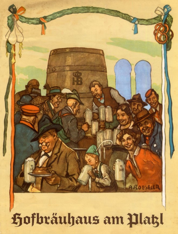 Eine Gruppe von Menschen mit Biergläsern in der Hand vor einem Fass im Hintergrund, die ein Bierfest in Deutschland ankündigen, mit deutschem Text unten.
