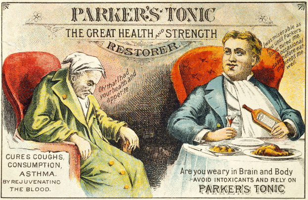 Werbung für Parker's Tonic zeigt zwei Personen an einem Tisch mit Essen, eine hält eine Flasche und ein Glas, und Werbetext.