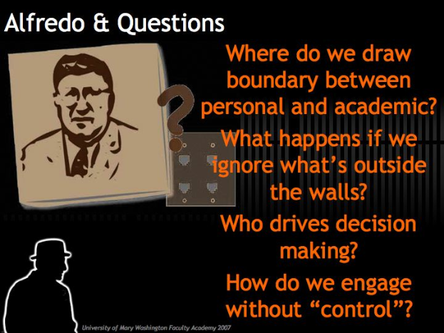 Ein Plakat mit einem Bild von Alfredo und Text, der Fragen zur persönlichen und akademischen Grenze, Entscheidungsfindung und Einbeziehung stellt.