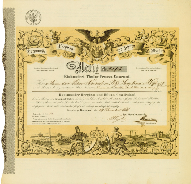 Altes Aktienzertifikat mit einem Mann und einer Frau, verziert mit Text und Illustrationen im klassischen Design.