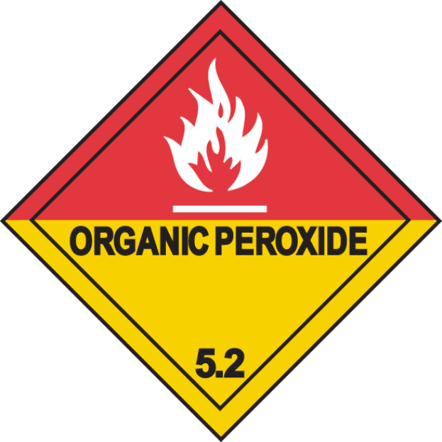 Ein rotes und gelbes Schild mit der Aufschrift "Organic Peroxide 5.2", das auf eine gefährliche Substanz hinweist.