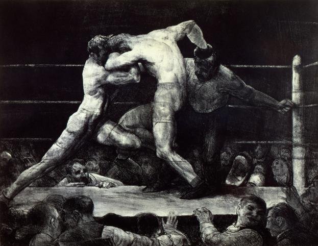 Schwarze und weiße Zeichnung von zwei Boxern in einem Ring, die sich gegenseitig boxen, während eine jubelnde Menge zusieht.