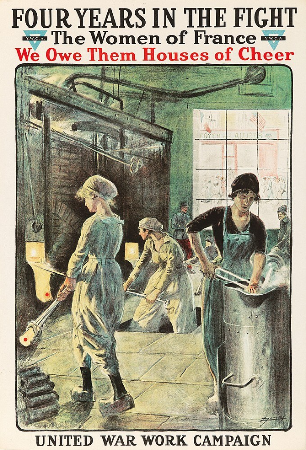 Ein Plakat mit vier Frauen, die entschlossen nebeneinander stehen, mit der Aufschrift "Wir schulden ihnen Häuser der Freude" oben, symbolisiert die Stärke und Resilienz der Frauen Frankreichs.