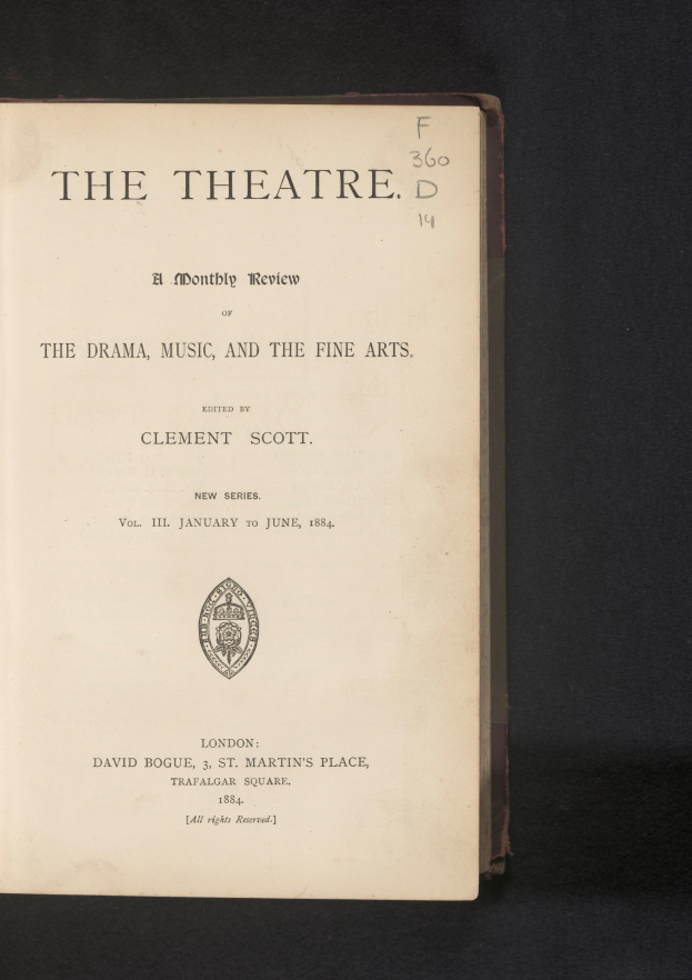 Titelbild eines aufgeschlagenen Buches mit dem Titel "The Theatre: A Monthly Review of the Drama, Music, and the Fine Arts" mit einer Textseite und einem Logo.