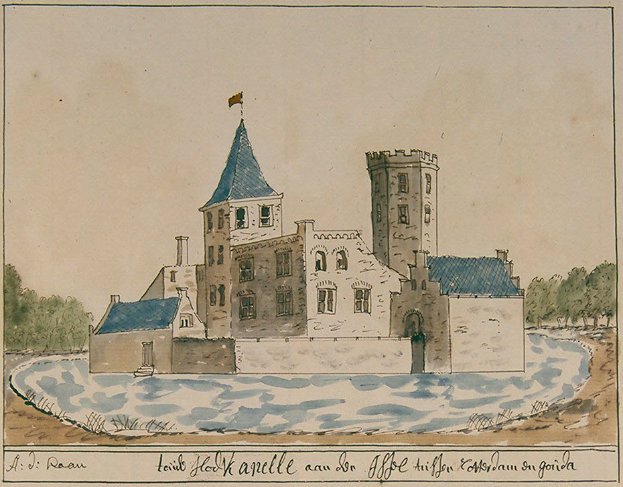 Eine Zeichnung eines Schlosses mit einer Fahne, umgeben von Wasser und Bäumen unter einem klaren blauen Himmel, mit dem Text "Der Haag Castle" unten.