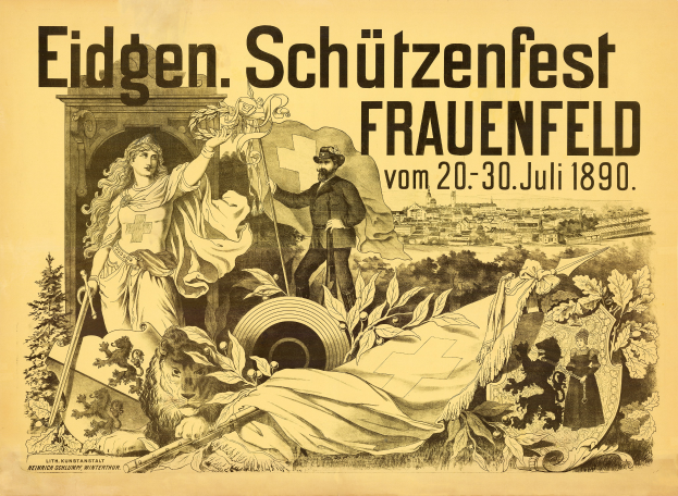 Ein Vintage-Plakat für das Eidgen Schützenfest in Frauenfeld, Deutschland, zeigt einen Mann in einem Anzug und eine Frau in einem Kleid nebeneinanderstehend, mit Text, der Informationen zum Event enthält.