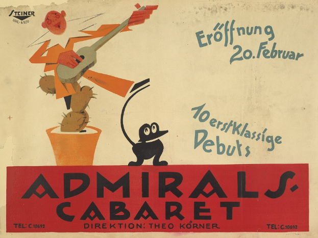 Plakat für das Admiral-Cabaret in Berlin mit einer Karikatur eines Mannes in weißem Hemd und schwarzem Hut, der eine Gitarre spielt, und der Schriftzug "Admirals Cabaret" in fetter schwarzer Schrift auf einem hellgelben Hintergrund.