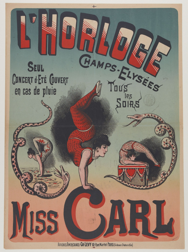 Plakat, das eine Zirkusvorstellung mit Miss Carl ankündigt, mit Text und Bildern von Menschen und Schlangen.