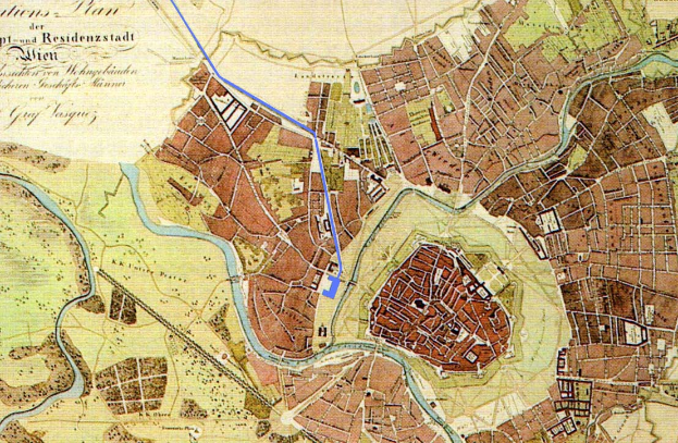 Ein detaillierter alter Stadtplan von Hamburg, Deutschland, mit Straßen, Gebäuden und Sehenswürdigkeiten, durch den eine blaue Linie verläuft und Text, der Informationen über die Bevölkerung und bekannte Orte liefert.