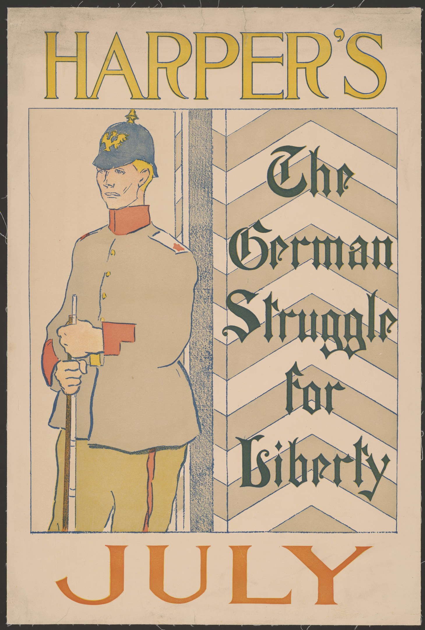 Plakat mit dem Titel 'Harper's: Der deutsche Kampf um Freiheit Juli' mit einer Person in militärischer Uniform mit entschlossener Miene vor einem hellblauen Hintergrund.