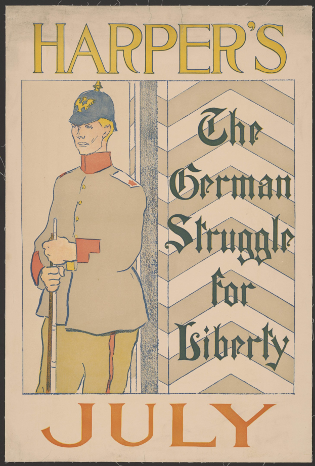 Plakat mit dem Titel 'Harper's: Der deutsche Kampf um Freiheit Juli' mit einer Person in militärischer Uniform mit entschlossener Miene vor einem hellblauen Hintergrund.