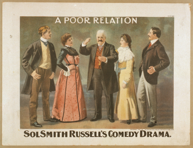 Plakat für "Sol Smith Russells Comedy-Drama: Eine schlechte Beziehung" mit einer Gruppe von lässig gekleideten Menschen, die vor einem hellblauen Hintergrund zusammenstehen.