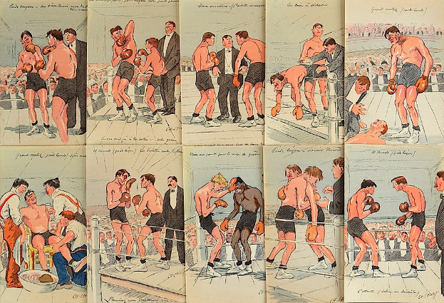 Ein Buchumschlag, der einen Boxkampf in einem Ring mit mehreren Kämpfern zeigt, die Handschuhe tragen und Schläge austeilen, umgeben von einer Menge.