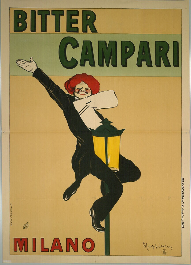 Plakat mit einer Person in einem weißen Hemd und blauen Jeans, die einen frechen Ausdruck zeigt, vor einem hellgelben Hintergrund mit der Schrift "Bitter Campari Milano" in fetter schwarzer Schrift.