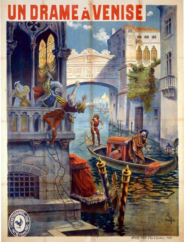 Ein Filmplakat, das Menschen in einem Boot auf dem Wasser zeigt, mit Gebäuden, Bäumen und einer Brücke im Hintergrund, und Text, der den Film beschreibt.