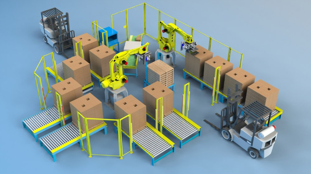 Gruppe von automatisierten Robotern, die auf einem Fließband in einem Lager arbeiten, mit Kartons auf den Fließbändern und Fahrzeugen auf dem Boden.