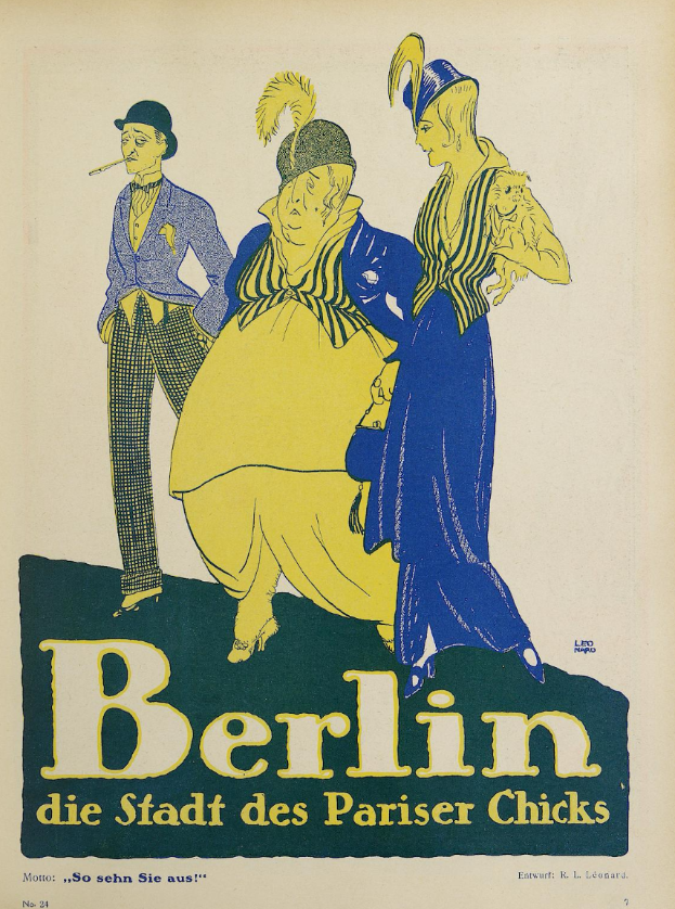 Ein Plakat, das ein Konzert in Berlin, Deutschland, ankündigt, mit einer Gruppe von Menschen in bunter Kleidung, die vor einem Gebäude stehen, auf dem der Text "Berlin - Die Stadt des Pariser Chicks" oben steht.