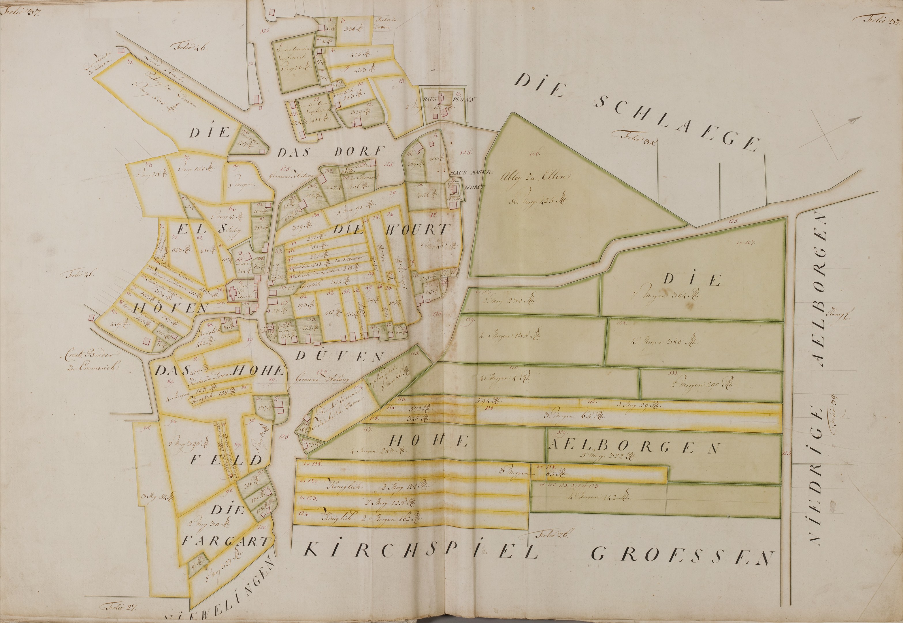 Ein altes Buch mit einer detaillierten Karte von Hamburg, Deutschland, mit umgebendem Text über die Bevölkerung, Straßen und Sehenswürdigkeiten der Stadt.
