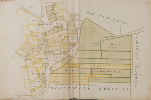 Ein altes Buch mit einer detaillierten Karte von Hamburg, Deutschland, mit umgebendem Text über die Bevölkerung, Straßen und Sehenswürdigkeiten der Stadt.