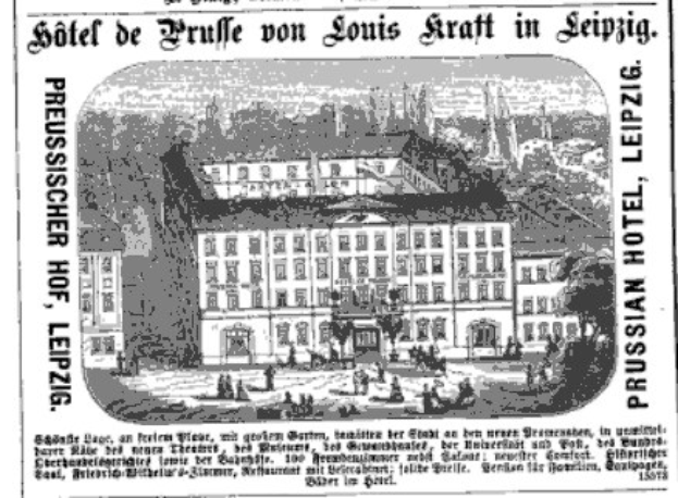 Schwarze-weiße Anzeige für ein Leipziger Hotel, das sein Gebäude, umliegende Bäume und Menschen zeigt, mit beschreibendem Text.