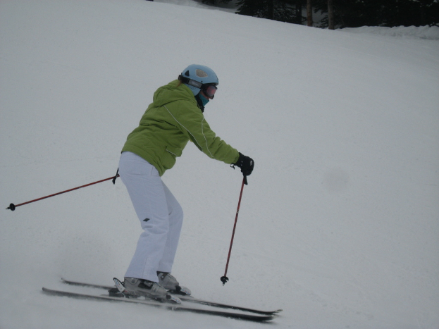 Eine Person fährt Ski auf einer verschneiten Piste umgeben von vielen Bäumen.