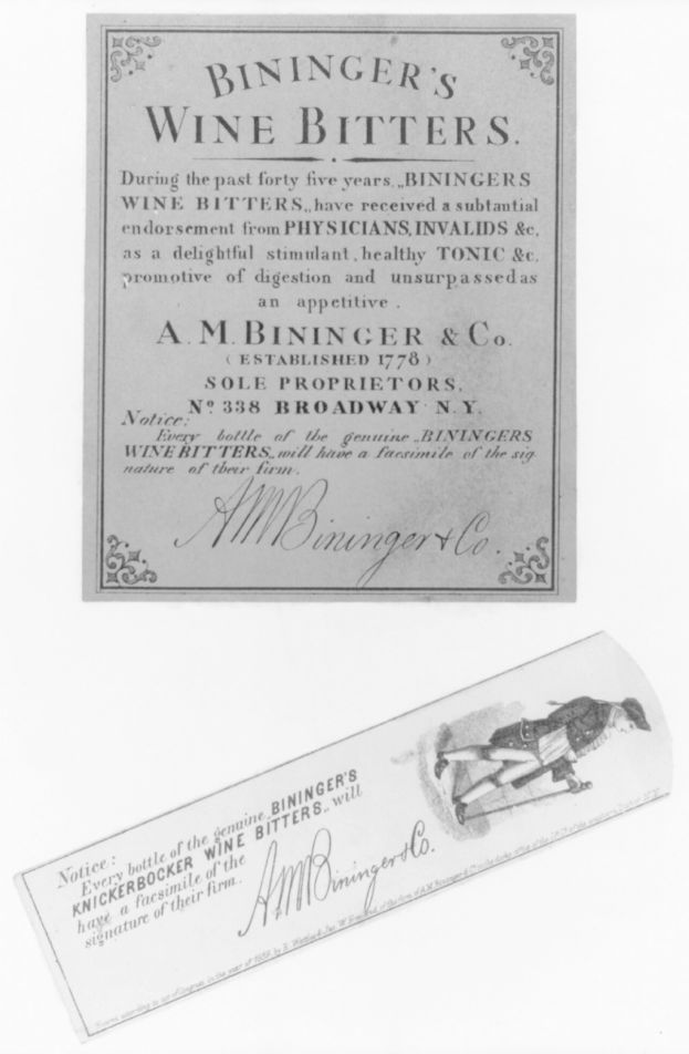 Eine alte Werbung für Bininger's Weinbitter, die einen Mann im Anzug und mit Krawatte zeigt, auf einem Papier mit begleitendem Text abgedruckt.