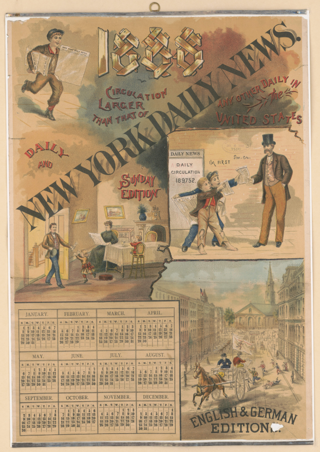 Eine alte Zeitung mit dem Titel 'New York Daily News' und einem Kalender, mit Bildern von verschiedenen Menschen, Stadtgebäuden und Text.