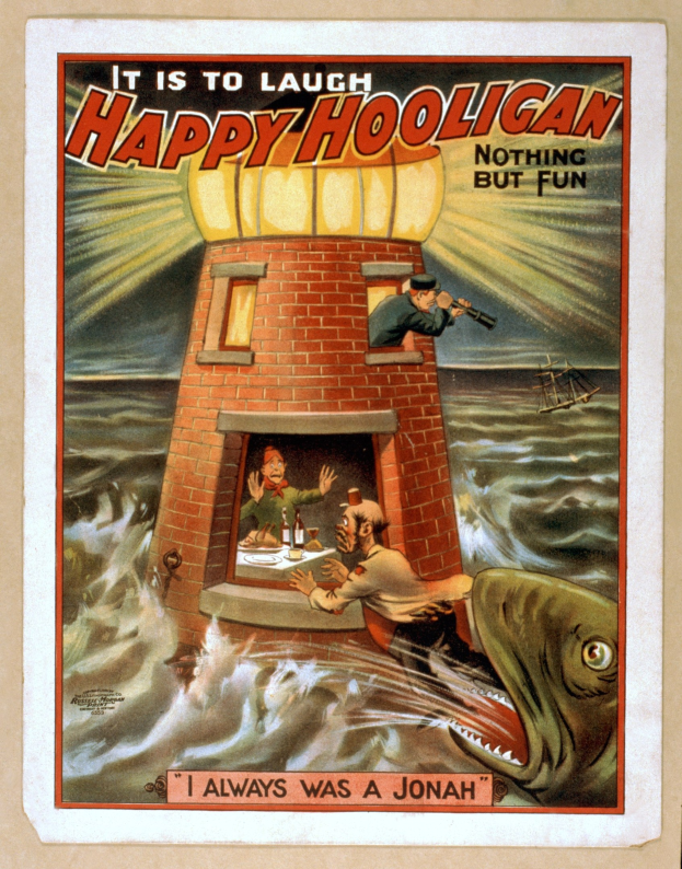 Plakat mit einem Leuchtturm in der Mitte, umgeben von Menschen, einem Fisch und Wasser, mit dem Text 'Es ist zum Lachen, glücklicher Rowdy, nichts als Spaß' oben und unten.