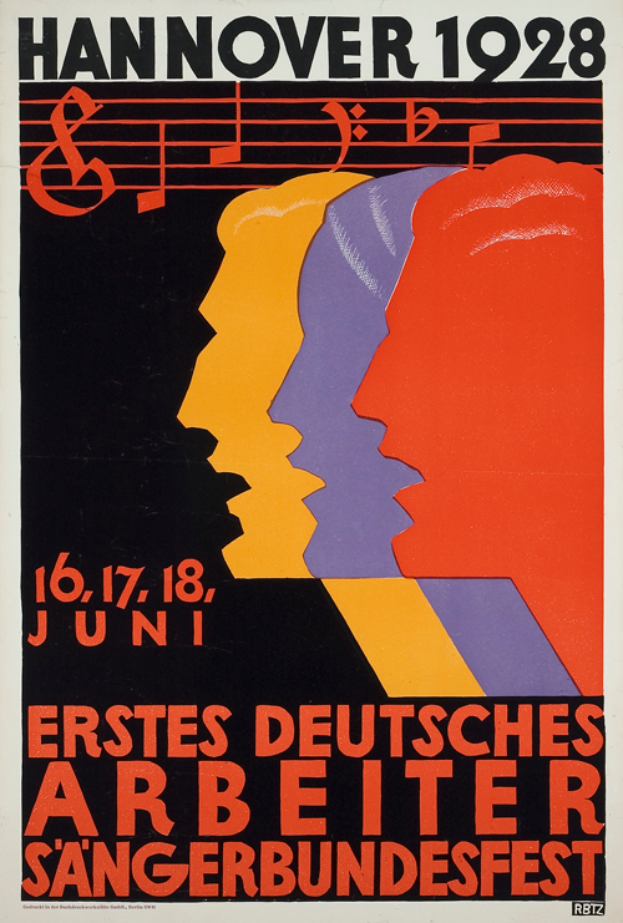 Ein Vintage-Plakat für das Hannover 1928 Erstes Deutsches Arbeiter Sangerbundesfest, das drei zentrale Figuren und Veranstaltungsdetails in deutscher Sprache zeigt.