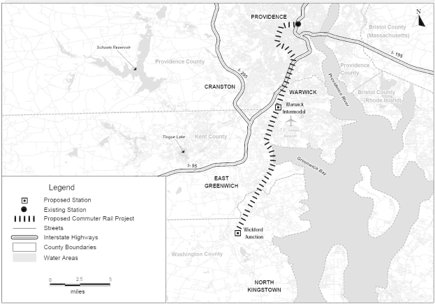 Schwarz-weiß-Karte einer Stadt mit einem Fluss, beschriftet mit "Vorgeschlagenes Nahverkehrsprojekt" auf der linken Seite, die Straßen, Autobahnen und Stadtmerkmale zeigt.