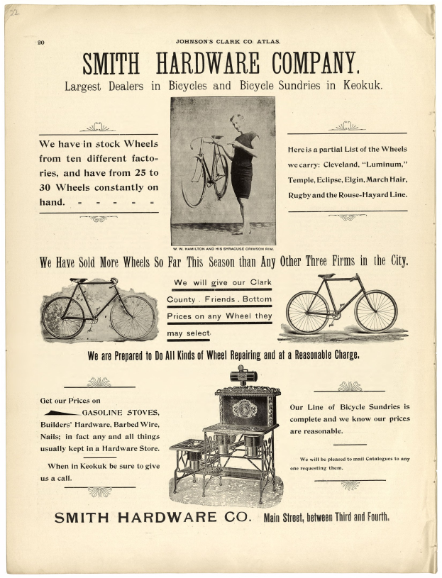 Werbung für Smith Hardware Co. mit einer Person, die ein Fahrrad mit einem Vorderrad in den Vordergrund hält und Text, der die Produkte und Dienstleistungen des Unternehmens beschreibt.