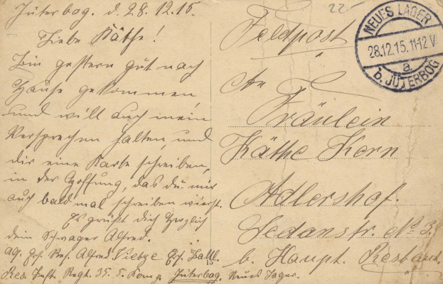 Old postcard with a German postmark dated 28/12/15, featuring the text 'Weuß's Lager' and the same date.
