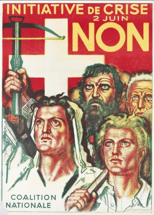 Plakat für die Coalition Nationale, eine nichtregierungsorganisation, mit einer Gruppe von Menschen, die einen Hammer und eine Sichel halten, und Text, der Informationen über die Organisation und ihre Mission enthält.
