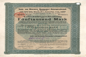 Altes deutsches Aktienzertifikat mit grünem Rand, betitelt mit "Fünftausend Mark", das einen Wert von 5.000 Mark angibt.