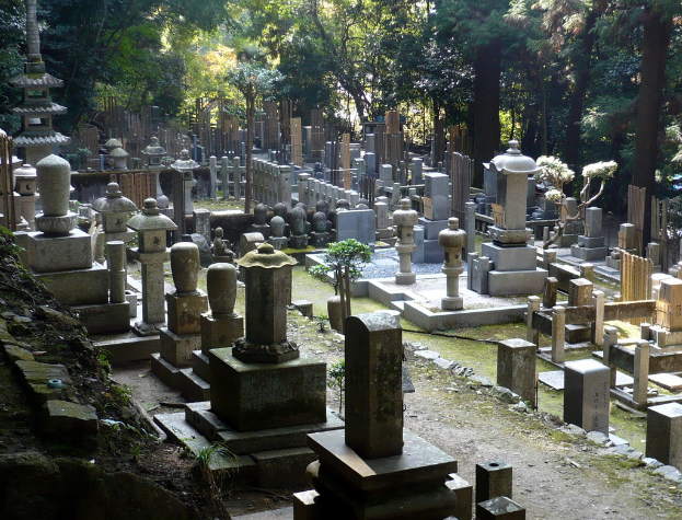 Ein Friedhof mit Grabsteinen in verschiedenen Formen und Größen, umgeben von zahlreichen Bäumen.