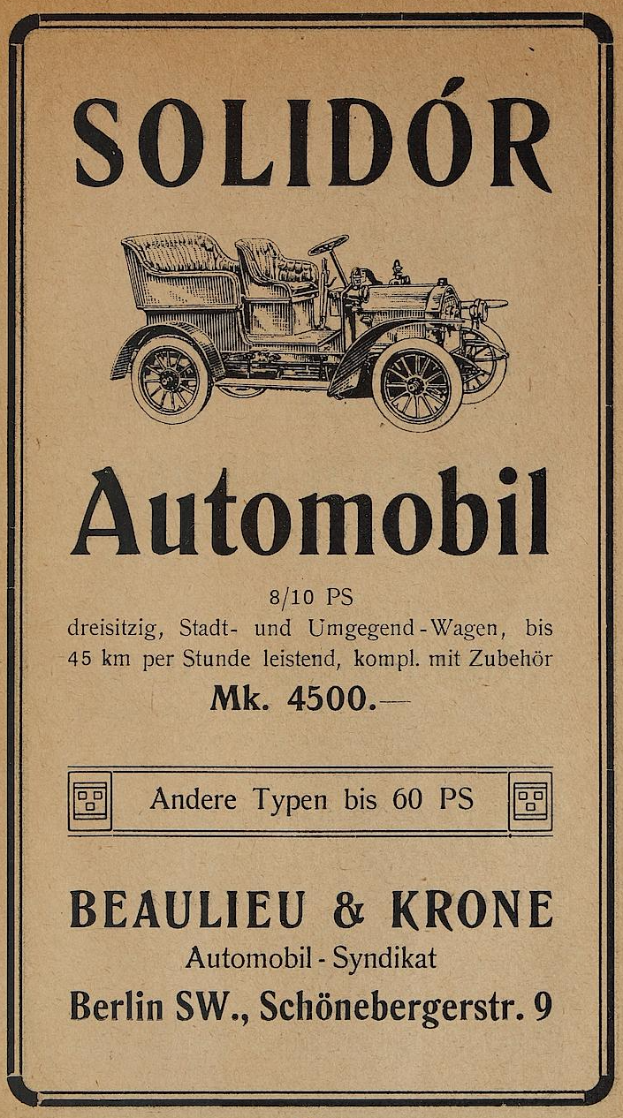 Eine Retro-Werbung für einen Solidor-Wagen, die ein glänzendes schwarzes Classic-Auto mit einem eleganten Design und einer markanten weißen Schrift zeigt, die seine Merkmale beschreibt.