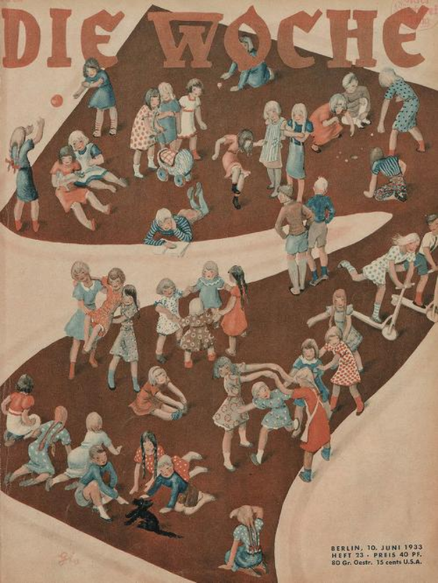 Eine Gruppe strahlender Kinder, die auf einem bunten Magazincover mit der Überschrift 'Die Woche' vom Juni 1933 spielen.