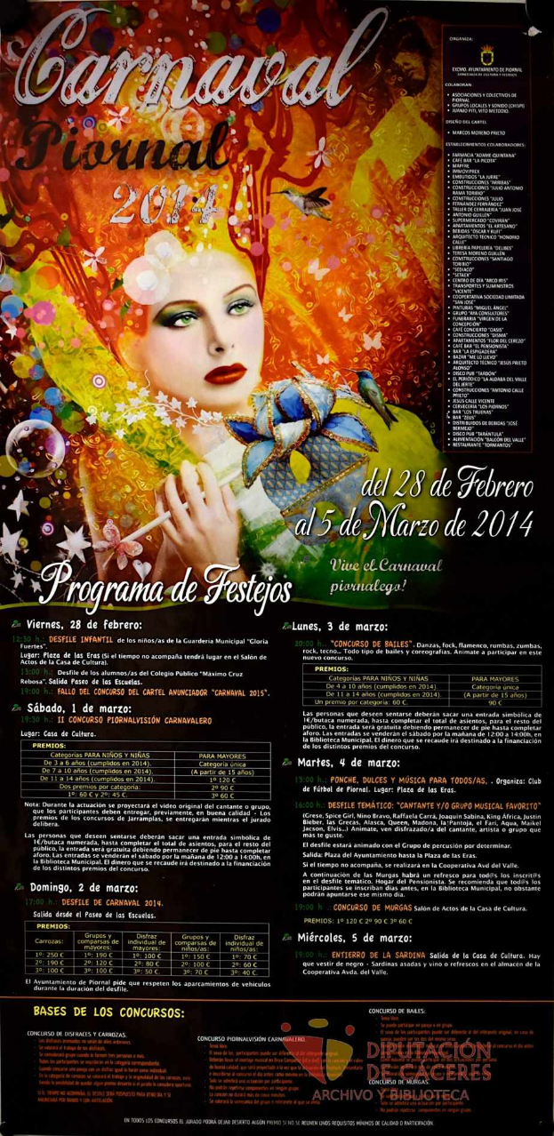 Eine Frau in einem bunten Kleid, die lächelt, umgeben von dem Text "Carnaval Festival 2014" auf einem leuchtend gelben Hintergrund.