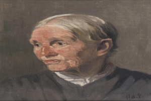 Ein alter Mann mit weißem Haar und einem schwarzen Hemd, gemalt im Porträtstil, hat einen warmen und einladenden Ausdruck mit geschlossenen Augen und leicht geöffneten Lippen, der ihm einen friedlichen und zufriedenen Eindruck verleiht.