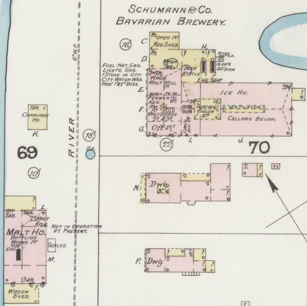 Schwarze und weiße Karte der Schumann & Co Bayerischen Brauerei mit beschrifteten Standorten und numerischen Indikatoren.