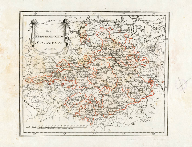 Ein altes Deutschland-Karte mit Sachsen und Sachsen-Anhalt Provinzen in rot hervorgehoben, auf strukturiertem Papier mit einem Wasserzeichen auf der rechten Seite gedruckt.