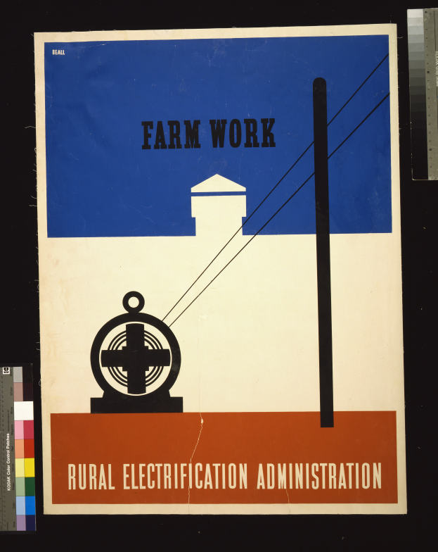 Ein Plakat mit fetter, schwarzer Schrift, die "Landwirtschaftliche Arbeit Strom" auf einem weißen Hintergrund liest, von einem dünnen schwarzen Rahmen umgeben, mit einer Grafik eines Bauernhofs mit einem Traktor und einem Bauernhaus.