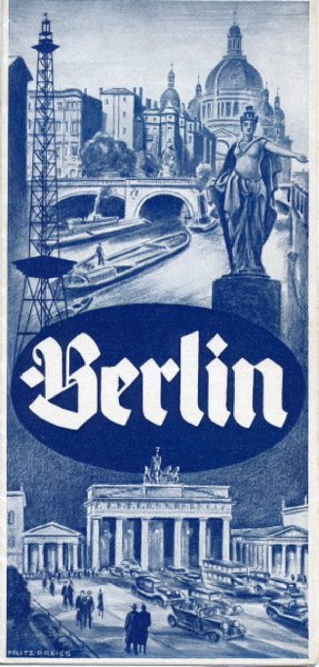 Ein Plakat, das Berlin, Deutschland, bewirbt und eine Statue, Gebäude, einen Turm, Menschen, Fahrzeuge auf einer Straße und eine Brücke zeigt, mit Text, der Informationen über die Stadt enthält.