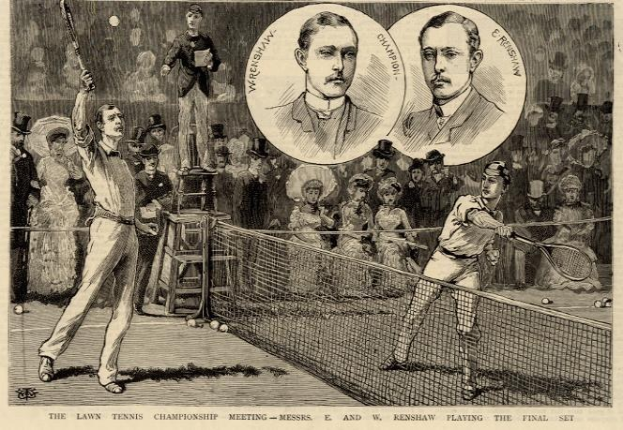 Schwarze und Weiße Zeichnung von zwei Männern, die Tennis im Finale eines Meisterschaftstreffens spielen, mit Zuschauern im Hintergrund und Text unten, der lautet "The Lawn Tennis Championship Meeting - Messers, E und W Renshaw Playing the Final Set".