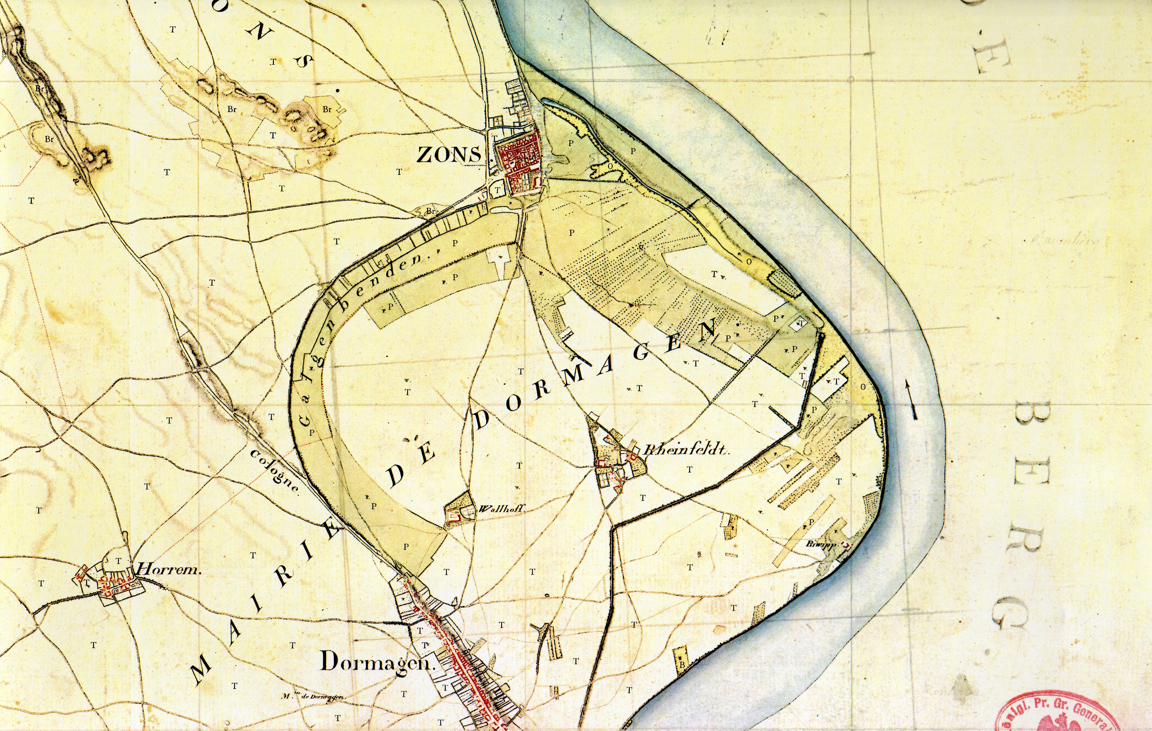 Ein detaillierter alter Stadtplan von Dormagen, Deutschland, der Straßen, Gebäude, Sehenswürdigkeiten und Text mit einem Stempel zeigt.