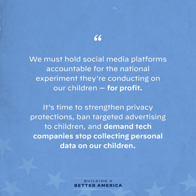 Plakat mit einem Zitat aus Building a Better America, das die Verantwortung von Social-Media-Plattformen für den Einfluss auf Kinder betont, dekoriert mit Sternen.