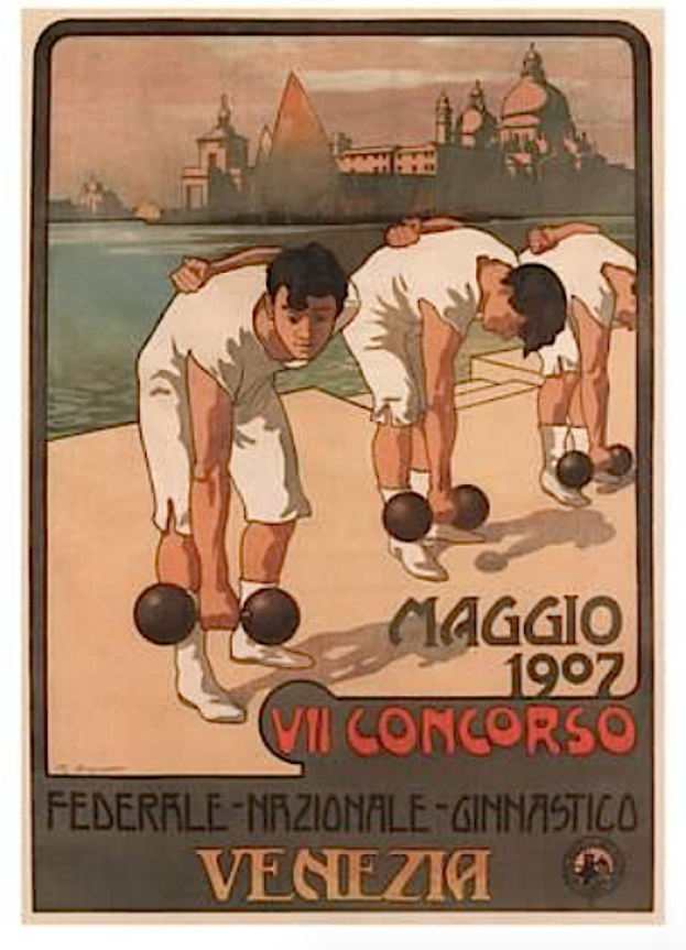 Ein Plakat, das ein Bowling-Spiel in Venedig, Italien, ankündigt, mit einer Gruppe von Menschen, die Boccia spielen, einem Körper von Wasser und Gebäuden im Hintergrund und Text, der Informationen zum Event bereitstellt.