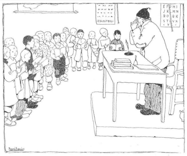 Ein Mann sitzt an einem Schreibtisch mit Büchern und Gegenständen vor einer Gruppe von Kindern, mit Papieren an der Wand dahinter, was darauf hindeutet, dass er wahrscheinlich ein Lehrer ist.